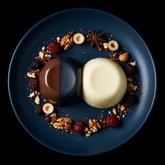 &ldquo;Top view macro shot of, two magnetic panna cotta halves floating slightly apart on a dark blue  plate&rdquo; in black background.
