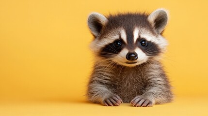 Fototapeta premium Lindo retrato de cuerpo entero de un bebé mapache sobre un fondo amarillo claro para la educación sobre la vida silvestre y la protección de los animales.