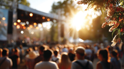 People at summer music festival outdoors, blurred background