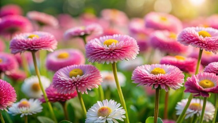 Fototapeta premium Delicate Pink English Daisies Blooming in June Garden Border - Low Light Photography