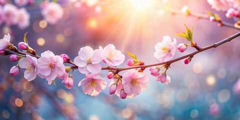 Delicate Pink Cherry Blossom Branch Close-Up, Sunny Bokeh Spring Photography