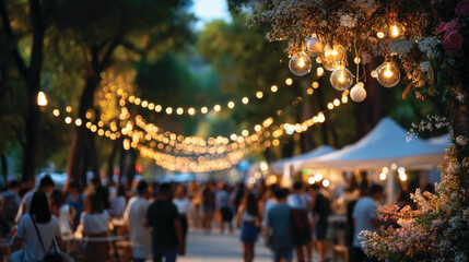 People at  summer music festival outdoors, blurred background