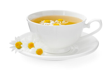 Delicious chamomile tea in cup and fresh flowers isolated on white