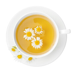 Delicious chamomile tea in cup and fresh flowers isolated on white, top view