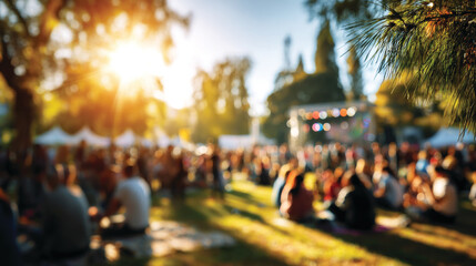 People at  summer music festival outdoors, blurred background