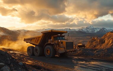 Obraz premium Heavy duty mining truck traversing a rugged mining landscape at sunset.