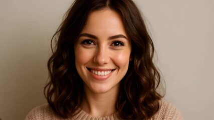 Closeup of a cheerful 18 to 25 year old brunette woman with short curly hair smiling