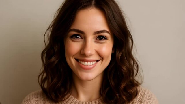 Closeup of a cheerful 18 to 25 year old brunette woman with short curly hair smiling
