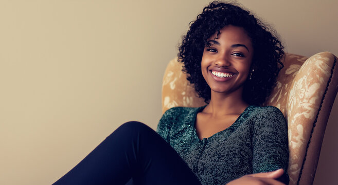 jovem mulher afro-americana feliz sentada em sua cadeira sorrindo.