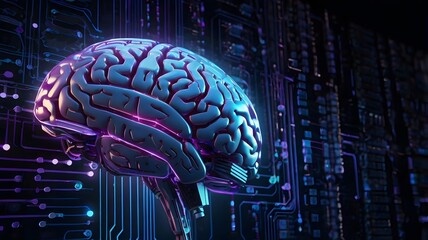 A high-resolution conceptual illustration of a glowing human brain integrated with circuit lines, representing artificial intelligence, futuristic technology, and digital cognition.