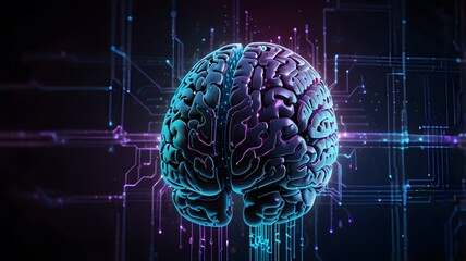 A high-resolution conceptual illustration of a glowing human brain integrated with circuit lines, representing artificial intelligence, futuristic technology, and digital cognition.