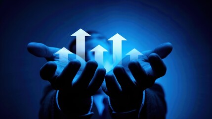 Hands cupped, rising arrows symbolize growth, progress, and upward trajectory. Dark blue theme