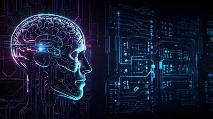 A high-resolution conceptual illustration of a glowing human brain integrated with circuit lines, representing artificial intelligence, futuristic technology, and digital cognition.