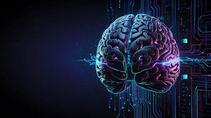 A high-resolution conceptual illustration of a glowing human brain integrated with circuit lines, representing artificial intelligence, futuristic technology, and digital cognition.
