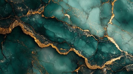 Fototapeta premium Deep teal and gold marbled surface texture.
