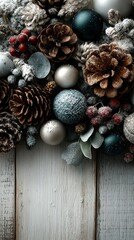 Elegant winter decorations featuring natural elements and ornaments in a serene composition
