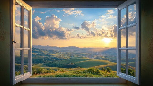 Open window overlooking beautiful sunset landscape in tuscany hills with rolling green fields