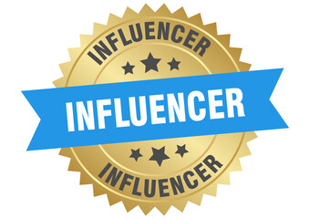 influencer. influencer round blue and gold label isolated on transparent background