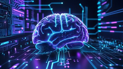 A high-resolution conceptual illustration of a glowing human brain integrated with circuit lines, representing artificial intelligence, futuristic technology, and digital cognition.