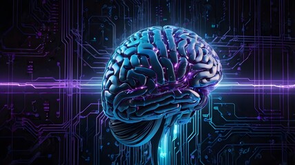 A high-resolution conceptual illustration of a glowing human brain integrated with circuit lines, representing artificial intelligence, futuristic technology, and digital cognition.