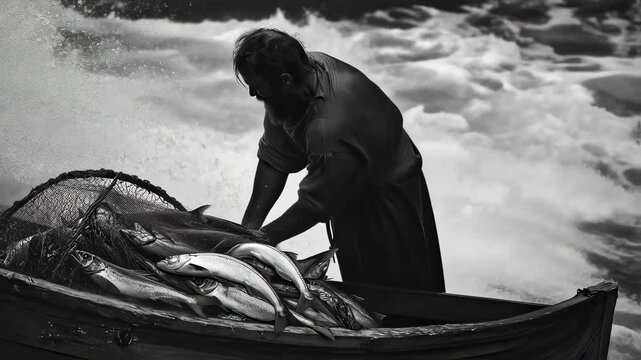 Apostles and the miraculous catch of fish. Fishermen pull nets with fish into a boat during a storm at sea, biblical times. Can be used for evangelical publications