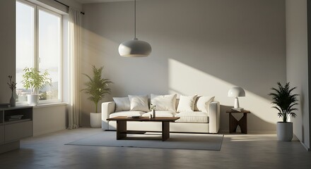 Fototapeta premium Serene Minimalist Living Room: Sunlight, White Sofa, and Warm Wood