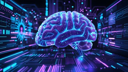 A high-resolution conceptual illustration of a glowing human brain integrated with circuit lines, representing artificial intelligence, futuristic technology, and digital cognition.