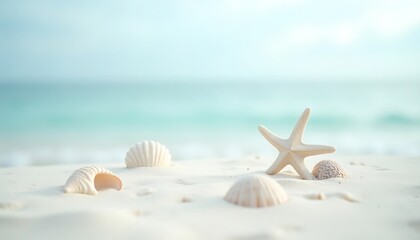 Obraz premium Seashells and Starfish on a Sandy Beach A Serene Coastal Scene