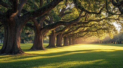 Fototapeta premium Sunlight streams through a verdant avenue of ancient trees.