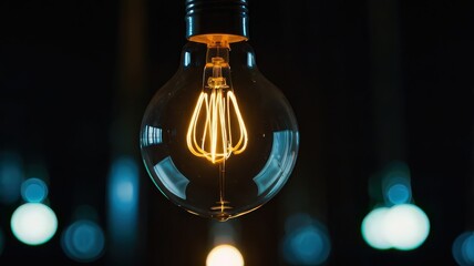 A glowing vintage light bulb hanging against a dark background with bokeh lights visible below it