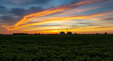 Golden Sunset Over a Lush Green Field with Fiery Orange and Yellow Sky and Distant Structures in a Rural Landscape