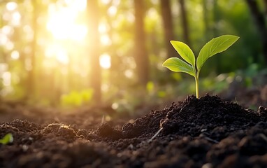 A small plant grows from the dark earth against the backdrop of a golden forest