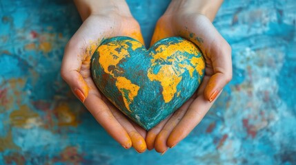 Female hands holding painted heart-shaped world map symbolizing global unity