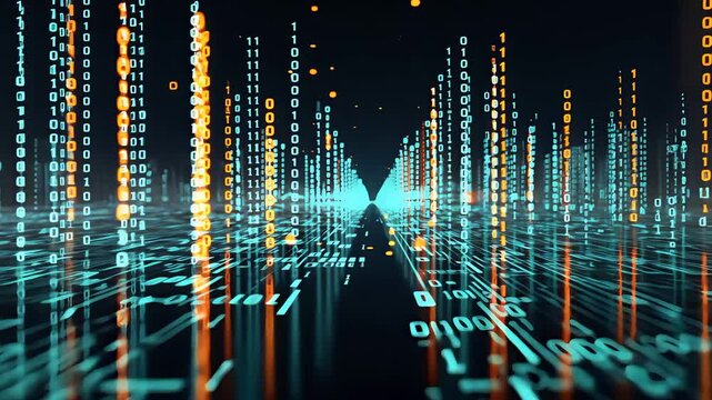 Digital streams of glowing binary code and circuit patterns in a futuristic data landscape with vertical matrix lines and tech background

 - Powered by Adobe