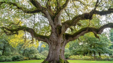 Majestic Old Tree with Expansive Branches in Serene Garden Setting