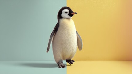 Fototapeta premium Adorable 3D Render of a Penguin Chick Waddling on Pastel Background