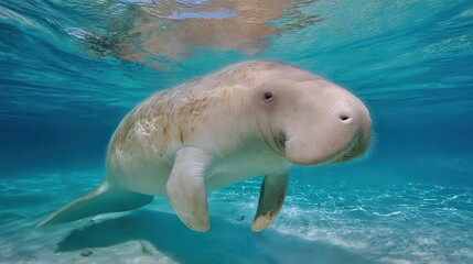 Close-up view of a docile sea cow submerged in turquoise water.