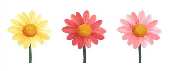 Three flat daisy flower icons in red, yellow, and pink on a white background, minimalist design,,,