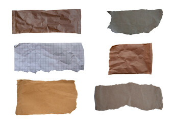 A set of old torn paper sheets. Crumpled paper sheets of different colors and types for a copy.