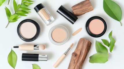 Flat Lay of Beauty Products Surrounded by Green Leaves and Wood