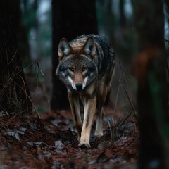 A red wolf strolls through a shadowy forest.