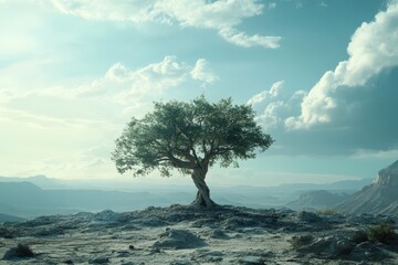 A solitary tree stands on a rocky outcrop beneath a cloudy, bright sky.
