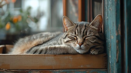 Content tabby cat sleeping peacefully on wooden ledge by sunny window