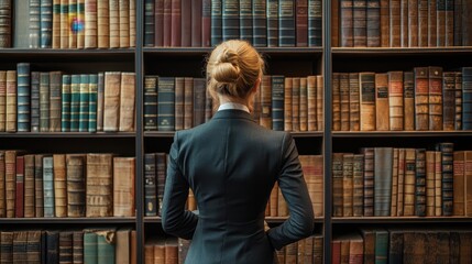 Caucasian female adult in library with antique bookshelf and elegant attire