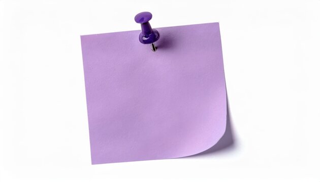 blank violet sticky note pinned with purple pushpin on clean white background: ideal for web design, print media, layout, branding, and editorial use