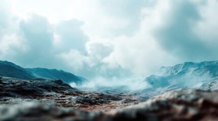 Moody landscape featuring fog, rock formations, and cloudy sky creating an atmospheric and abstract nature scene
