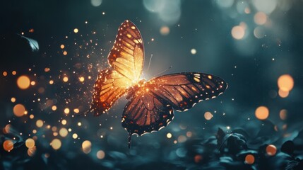 Mystical butterfly with glowing particles in a dreamy ethereal scene