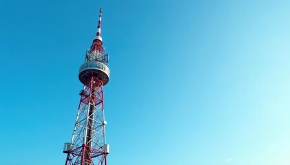 Tall broadcast tower against a clear blue sky Antennae and support structures visible , landmark, broadcasting, blue sky