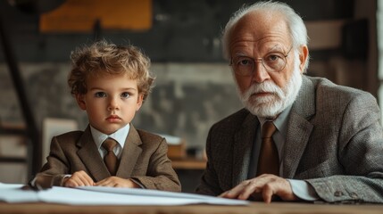 Elderly caucasian man with child wearing suits in office setting