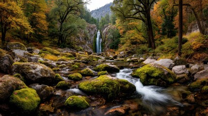 Mossy rocks line the river leading to a waterfall surrounded by autumn forest trees